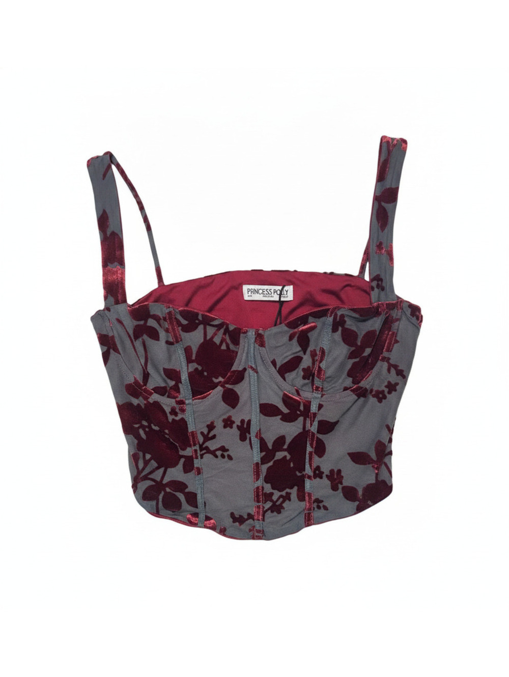 Princess Polly Gray & Burgundy Floral Burnout Velvet Corset Top Size 6